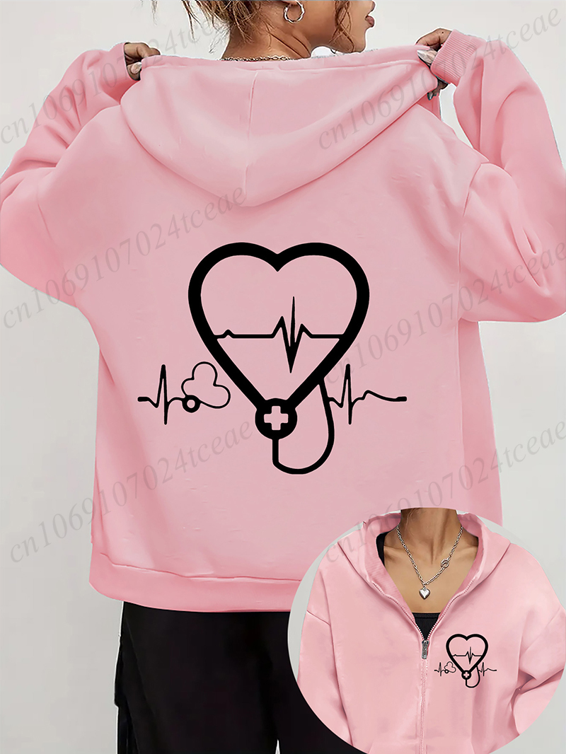 Embroidery Zip Up Hoodie - Женские осенне-зимние толстовки со стетоскопом, ЭКГ,