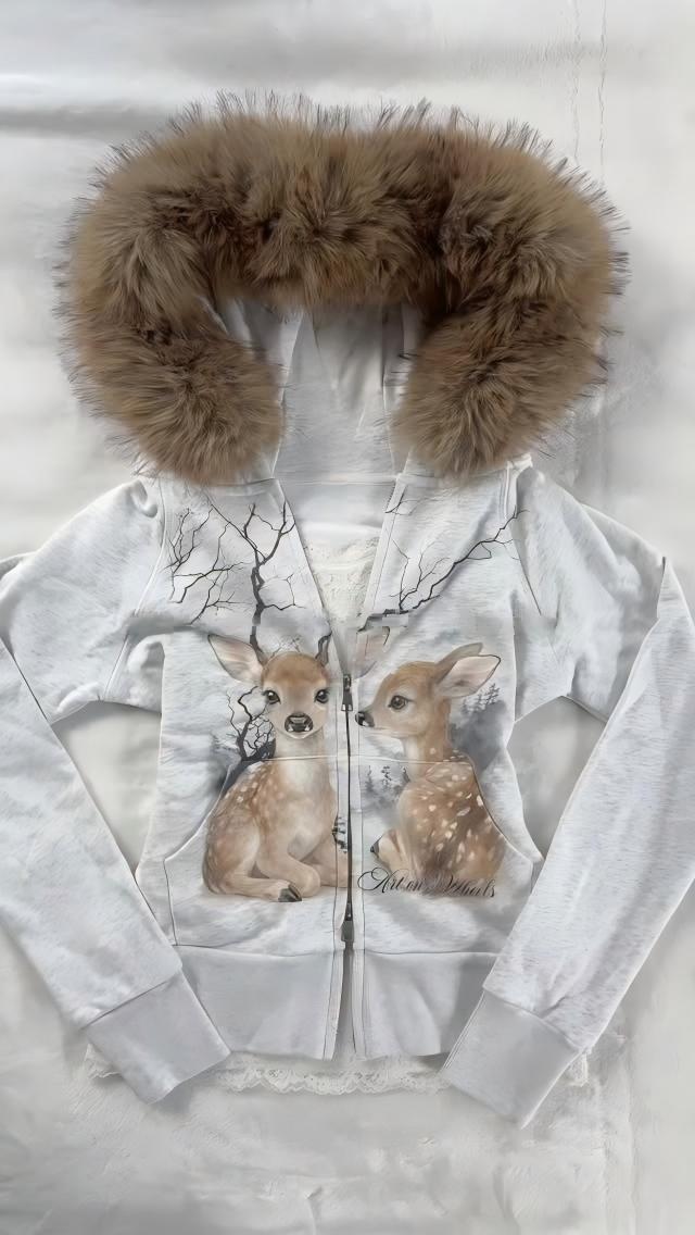Embroidery Zip Up Hoodie - Американский ретро-кардиган с принтом оленя, на