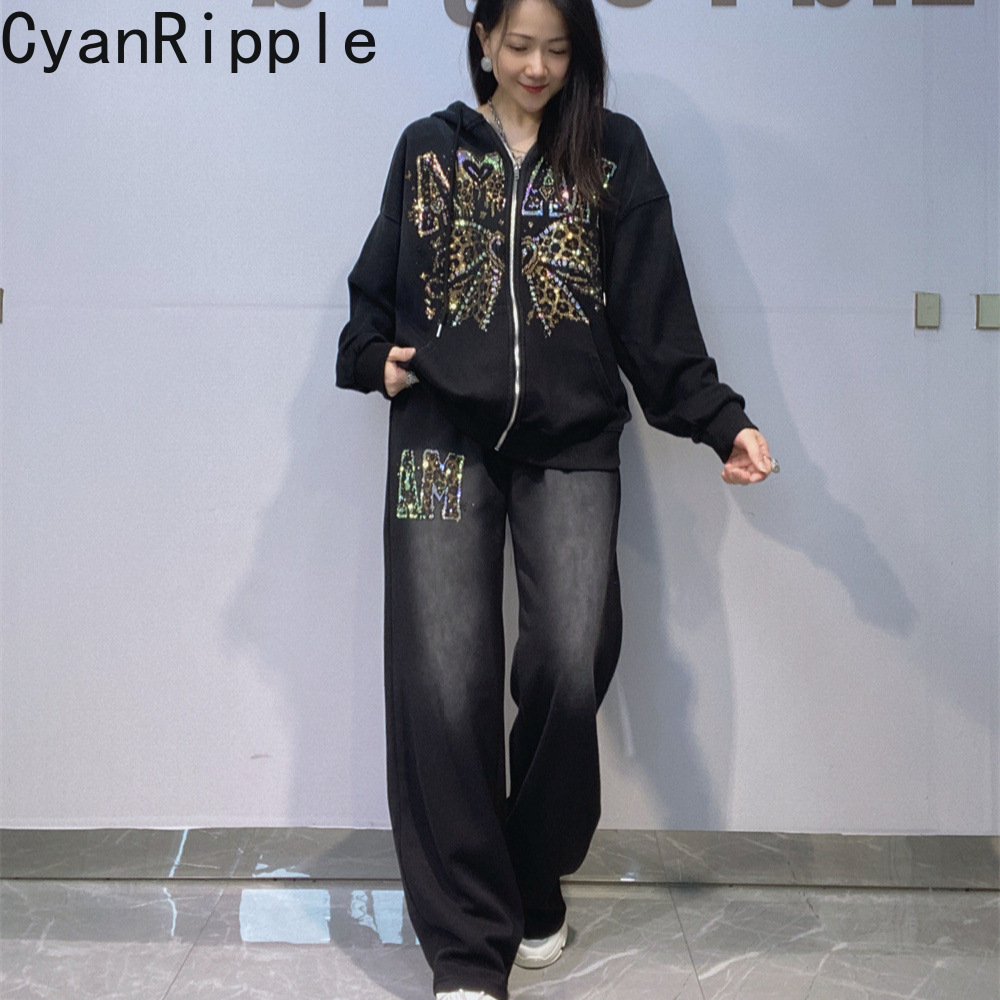 Embroidery Zip Up Hoodie - Модный осенне-зимний женский комплект: роскошный худи
