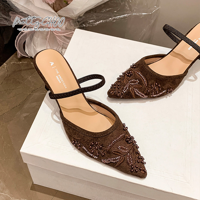 Embroidery Shoes - Женские туфли-мюли с жемчужными бусинами и
