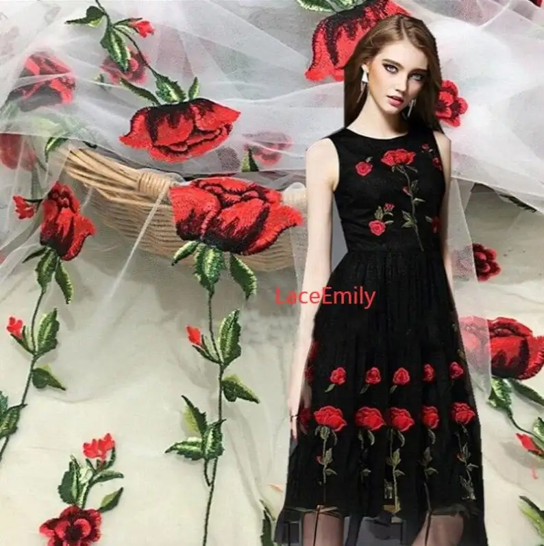 Красная роза Кружевная ткань с – обзор и цена Embroidery Rose